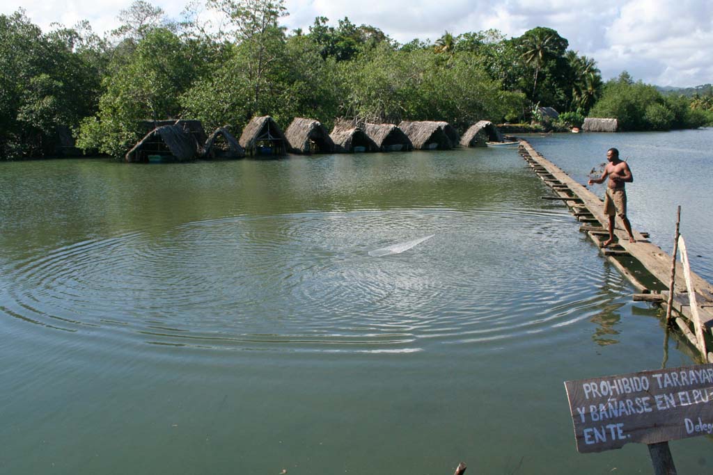 A fisherman on a causeway at <em>Boca de Miel,</em> with thatched boat houses beyond.