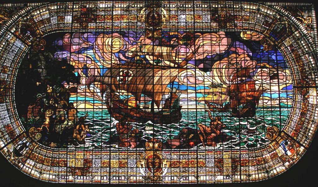 Stained glass in the roof over the main stairwell of the <em>Centro Asturiano</em>.