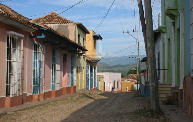 Looking down a typical street to the hills beyond.