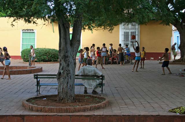 Children playing in a small plaza off one of the main streets.