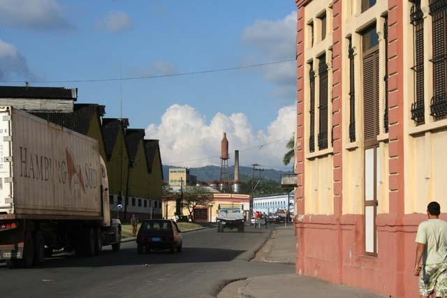 Looking towards the brewery that produces Hatuey, the local beer. Note the big beer bottle next to the chimney.