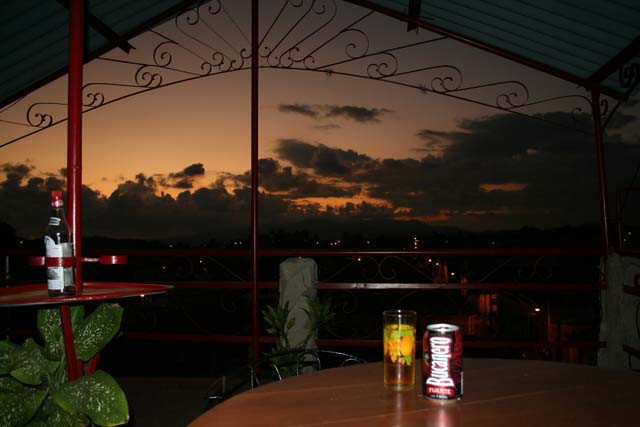 Night view of the roof terrace. Bucanero is the stronger of the two popular beers.