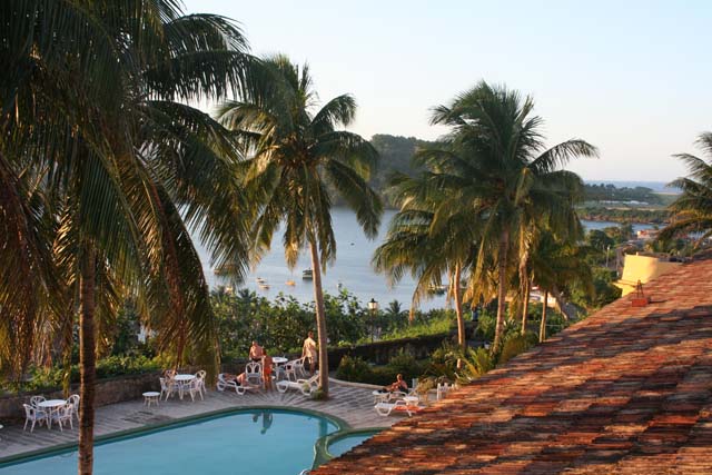 The pool from the roof terrace, with the small bay beyond.