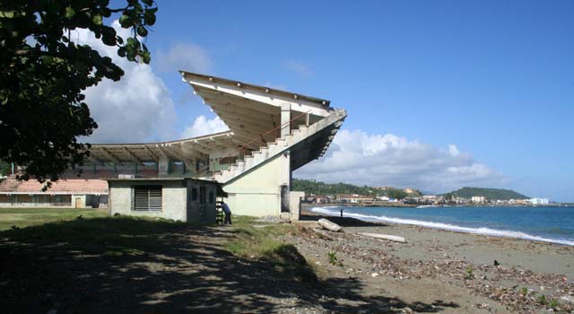 The sports stadium on the edge of Baracoa, still showing damage from hurricane Ike in 2008.