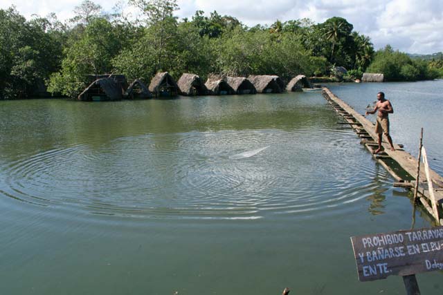 A fisherman on a causeway at <em>Boca de Miel</em> near Baracoa, with thatched boat houses beyond.