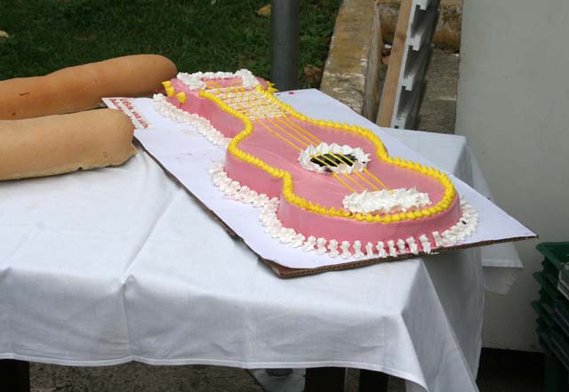 A pink iced guitar at a cake festival in Havana.