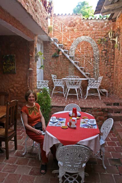 Mary at the patio table.