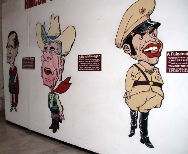 <em>Rincon de los cretinos:</em> subtle messages to Bush (the elder), Reagan and Batista, the president overthrown by Fidel's revolution.