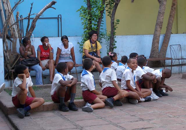 Local schoolchildren there to watch.