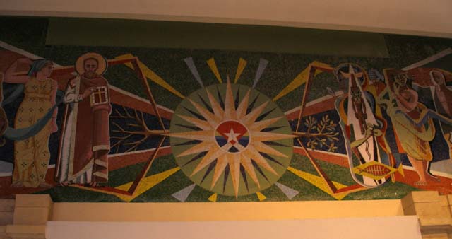 Large mosaic inside, above the main entrance doors.