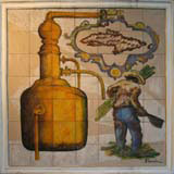 A tiled image of rum distillation on a wall.