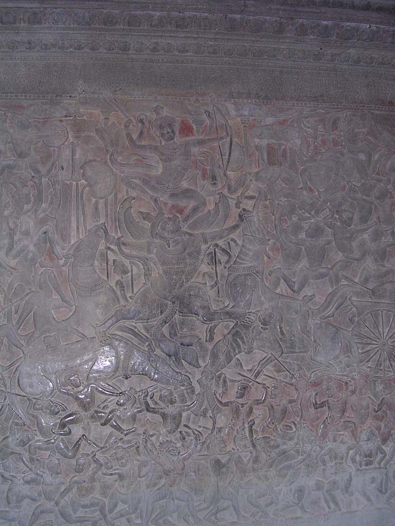 Battle of the Gods and the Demons: 4-armed Vishnu mounted on a garuda