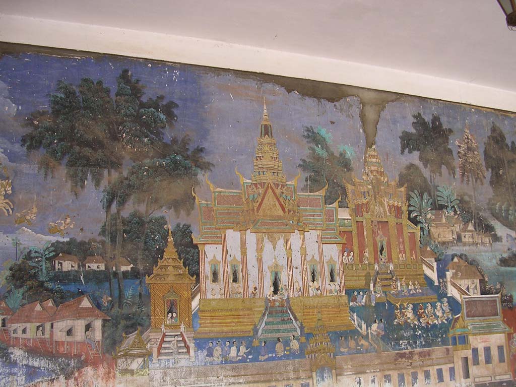 Part of the sadly dilapidated <em>Ramayana</em> mural, which goes all the way round the inside of the wall