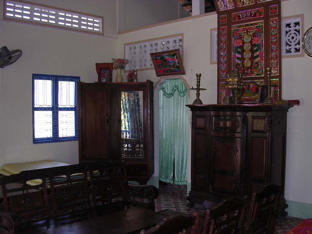 The main reception area (our room's behind the green curtains)