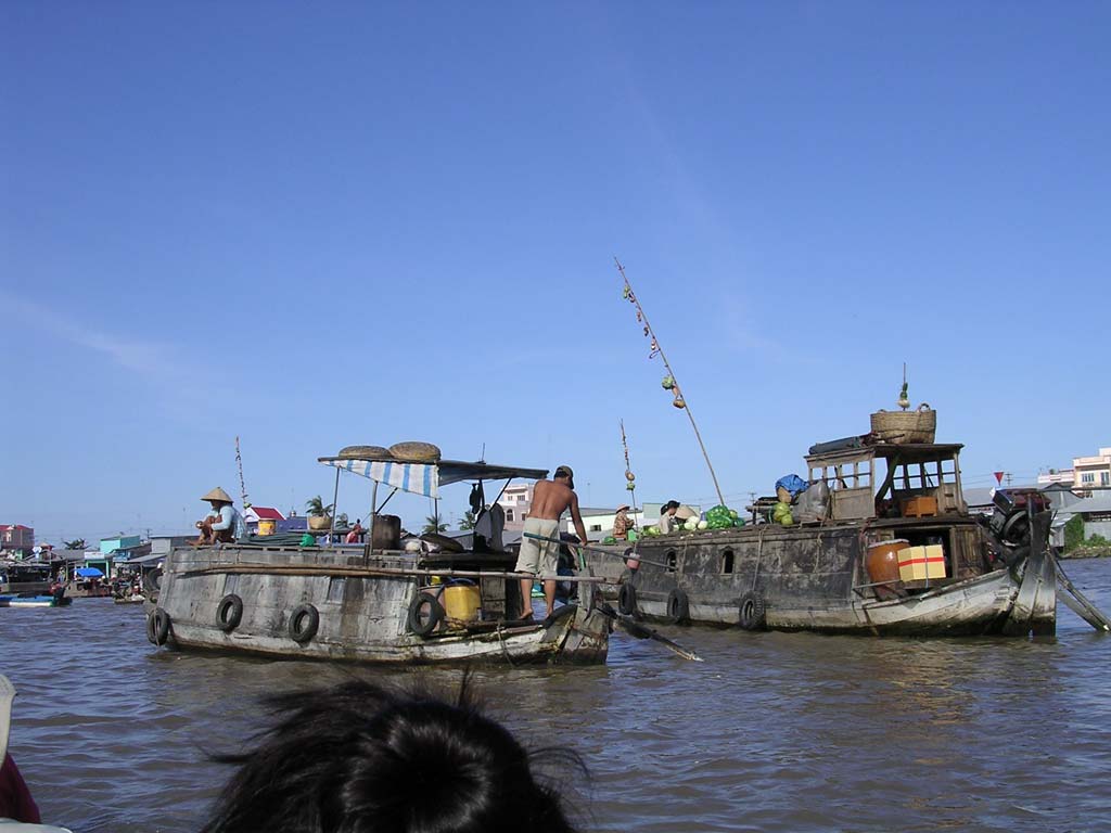 A couple of 'stalls', showing wares advertised on poles above the boats