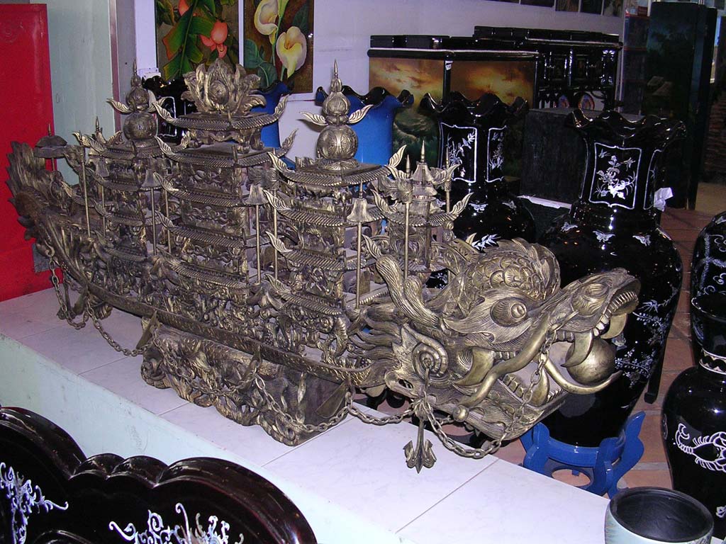 Very large, very heavy and very expensive bronze boat for sale at the Tay Son lacquer factory, Ho Chi Minh City