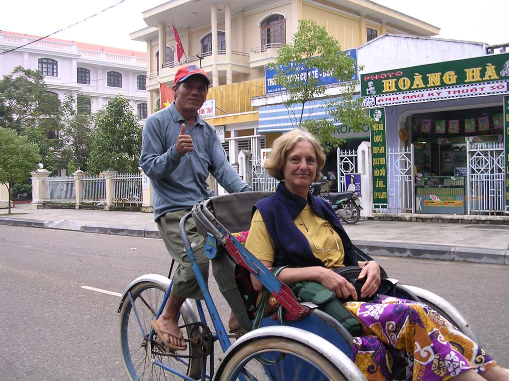 Mary in a cyclo in Hué, Vietnam