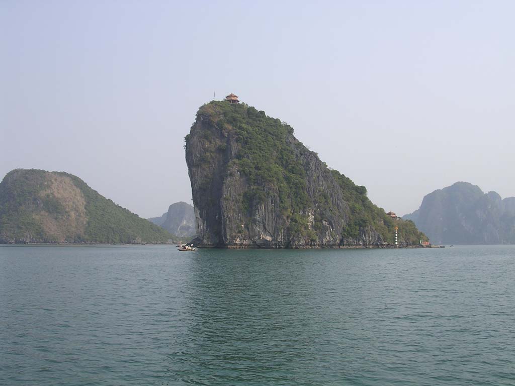 An island with a couple of small pavilions (temples?)