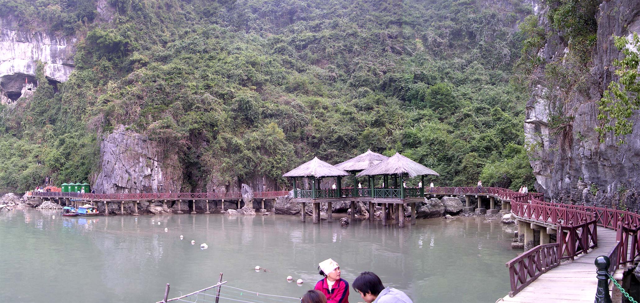 Panorama of the walkway and jetty to the boat, reminiscent of one of the Myst/Riven computer games<br />(composite of 3 photographs)