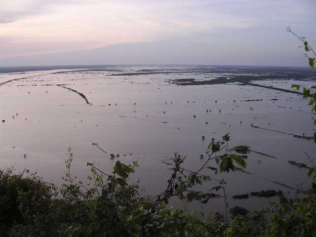 Arrow-shaped fish traps in the lake