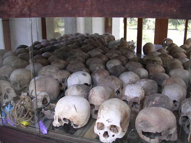 Some of the over 8000 skulls in the Memorial Stupa