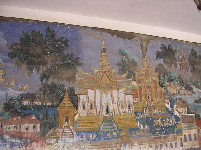 Part of the sadly dilapidated <em>Ramayana</em> mural, which goes all the way round the inside of the wall