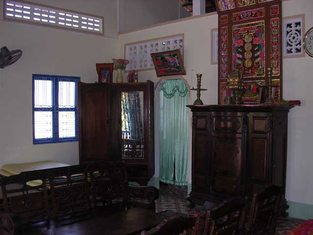 The main reception area (our room's behind the green curtains)