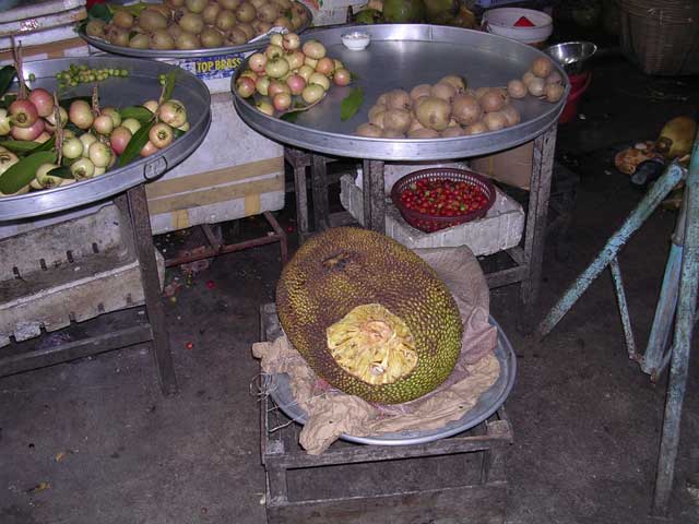 A durian cut open (it didn't smell much, to our surprise)