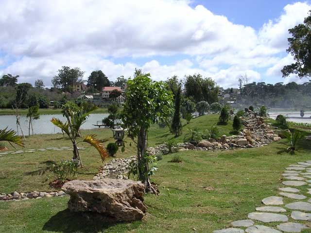 A little landscaped area by the water