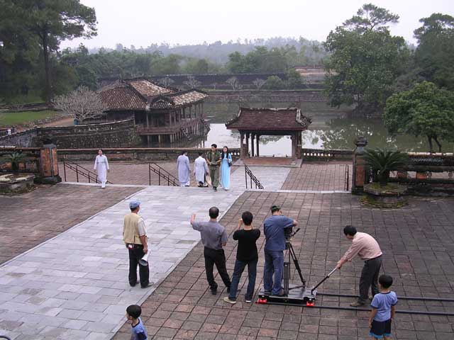 Filming in progress, coming up the steps from the landing