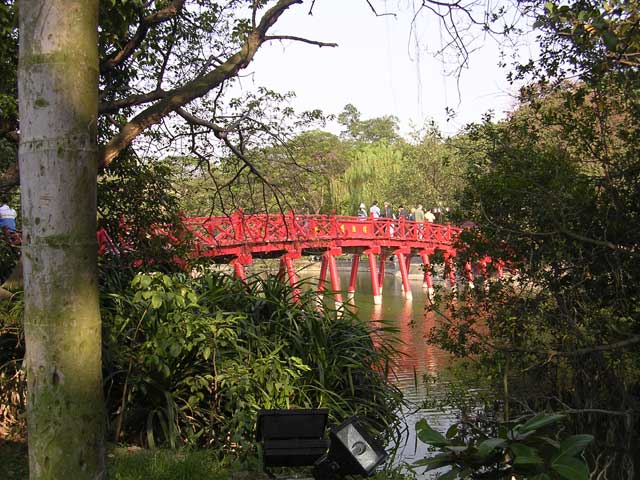 The Huc Bridge to Ngoc Son Temple in Hoan Kiem Lake, Hanoi