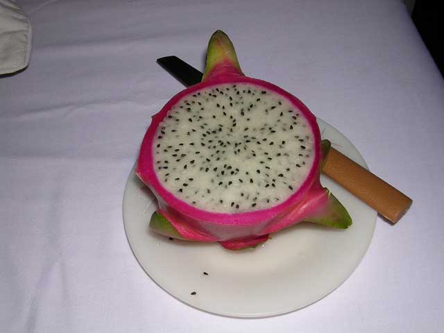 The same dragon fruit cut in half. Very subtle flavour, delicious and refreshing