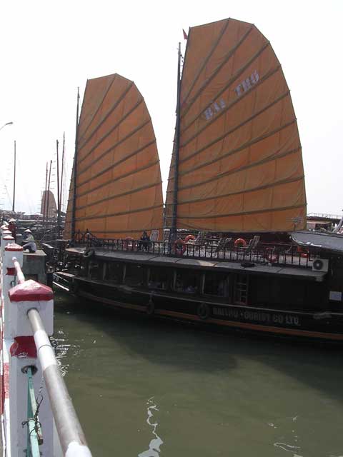One of the junks that cruise round the bay, docked at Ha Long City