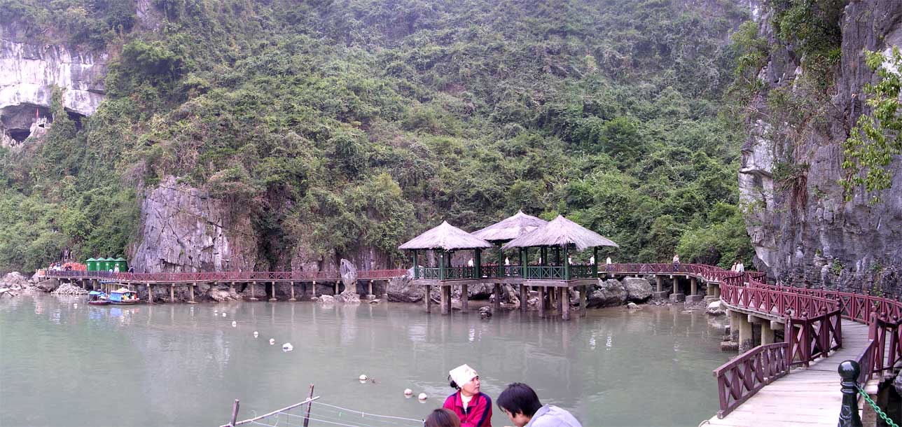 Panorama of the walkway and jetty to the boat, reminiscent of one of the Myst/Riven computer games<br />(composite of 3 photographs)