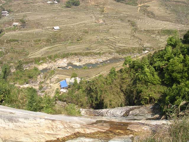Looking down the waterfall to the paddies below