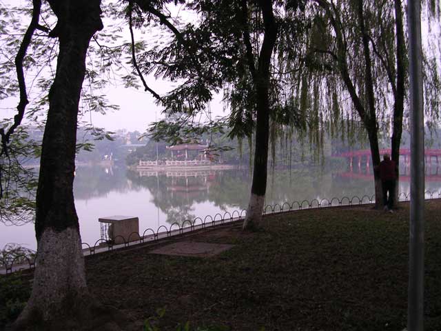 The Temple and its bridge (with someone doing morning exercises by those two trees on the right)