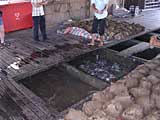 On board the fish farm, showing the lumps of rice, dust and seafood mixture used to feed the fish