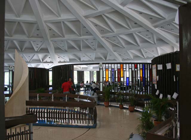 Inside, looking across to a seating area.